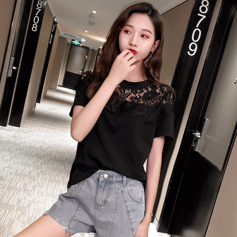 Black short-sleeved T-shirt women's ins tide 2022 spring and summer new Korean version of the lace bottoming shirt mesh half-sleeved loose top
