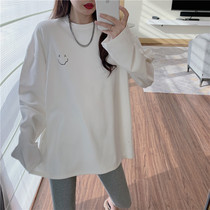 White long-sleeved T-shirt bottoming shirt womens 2022 autumn and winter new style plus velvet thick printing loose mid-length top