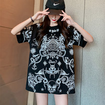 Tide Card T-shirt Woman 2022 Summer New Angel Wings Black Mid-Length Loose Big Code Male And Female Short Sleeve Tide