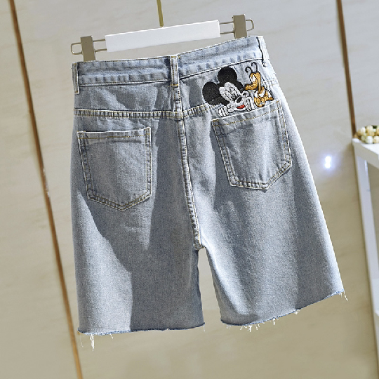 Denim shorts women's 2022 summer new straight pants riding pants Mickey embroidery high waist loose five-point pants