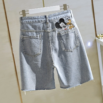 Denim Shorts Woman 2022 Summer New Straight Drum Pants Riding Pants Mickey Embroidered High Waist Loose 50% Pants