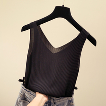 Autumn new black short camisole vest women wear vneck sleeveless niche knitted inner underwear