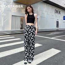 Small Dogs Printed Broadlegged Pants Woman Spring Summer New Net Red High Waist Display Slim Drag Pants Casual Loose Straight Drum Pants Tide