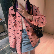 Korean autumn new pink plaid loose coat Joker wear top long sleeve cartoon Mickey shirt women tide