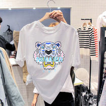 Tide-card old tiger head white short sleeve T-shirt woman 2022 Spring summer new Korean version loose pure cotton printed undershirt
