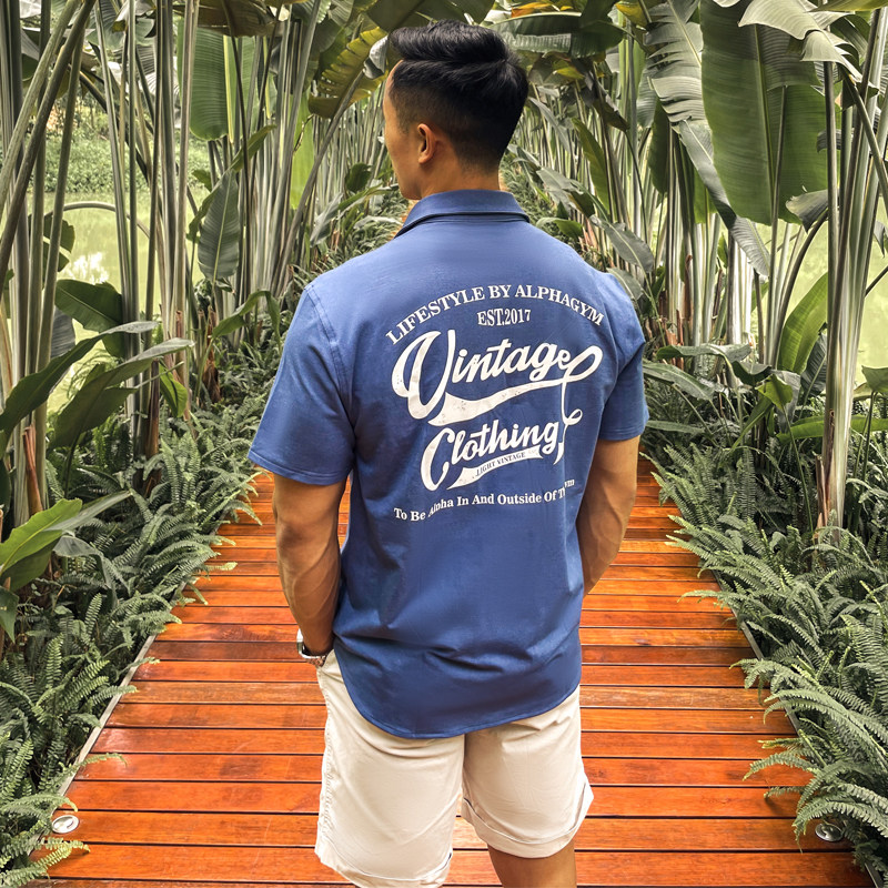 AlphaGym back printed denim shirt male short sleeve casual trend summer new street wind blouses man-Taobao