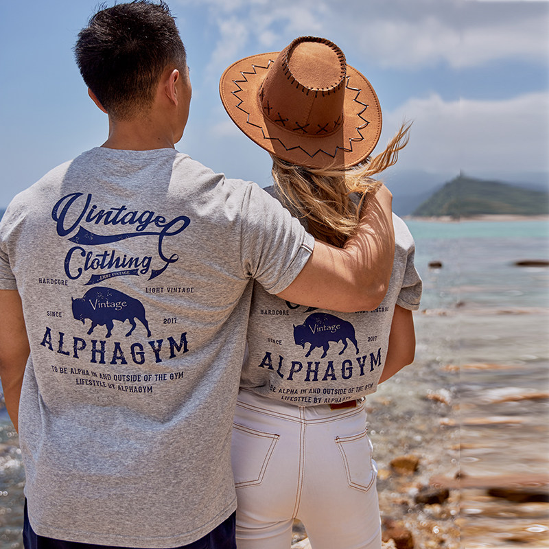 AlphaGym printed lovers short sleeves blouses lovers round the bull year T-shirt Summer American bull head print casual