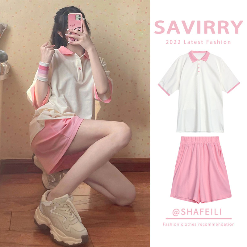 Pink college style small casual sports suit female summer student outerwear fashion short-sleeved shorts two-piece set