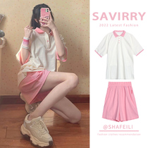 Pink Academy Wind Small Sub Casual Sports Suit Women Summer Students Outwear Fashion Short Sleeve Shorts Two Sets