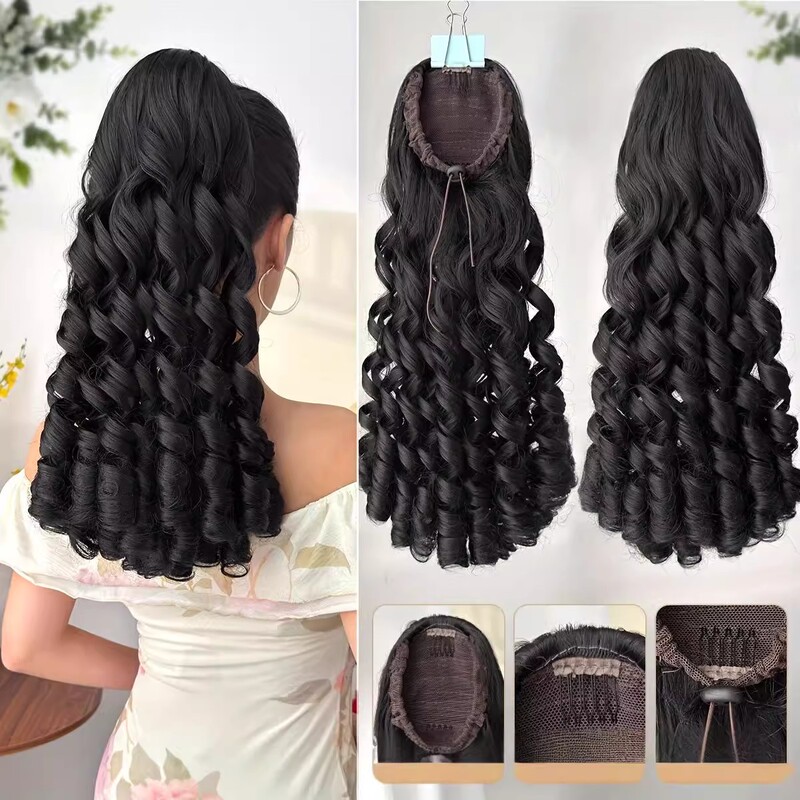 Wig for Women with High Ponytail, Realistic Retro Cheongsam Hairstyle, Golden Powder Dynasty, Republic of China Roman Curls, Long Hair, Fake Ponytail Braids