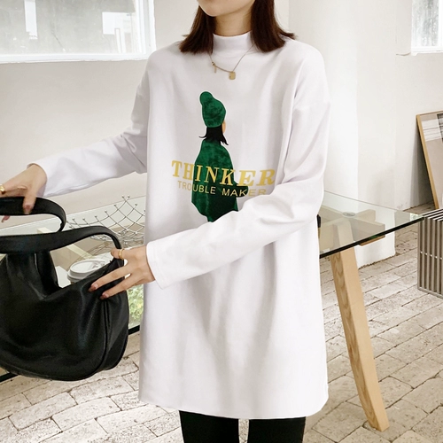 Белая цветная приятная телу осенняя бархатная футболка, лонгслив, высокий воротник, в западном стиле, 2023, свободный крой