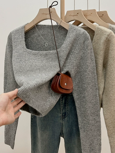 Трикотажная рубашка, демисезонный весенний свитер, квадратный вырез, увеличенная толщина