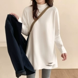 Бархатный приятный телу осенний флисовый лонгслив, белая футболка, длинная толстовка, высокий воротник, в западном стиле, средней длины