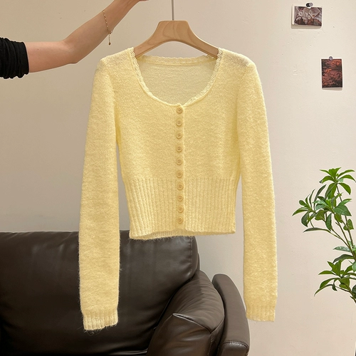 Желтый кружевной трикотажный летний кардиган, в стиле Шанель, кружевное платье