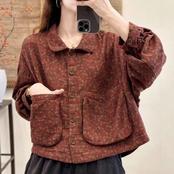 2025 Autumn New Artistic Retro Cotton Double-Layer Digital Print Lapel Single-Breasted Long-Sleeve Cardigan for Women