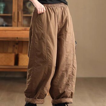2025 Autumn/Winter Korean Style Loose Retro Fashion Elastic Waist Cotton-Padded Dad Pants Versatile Warm Casual Cotton Pants for Women