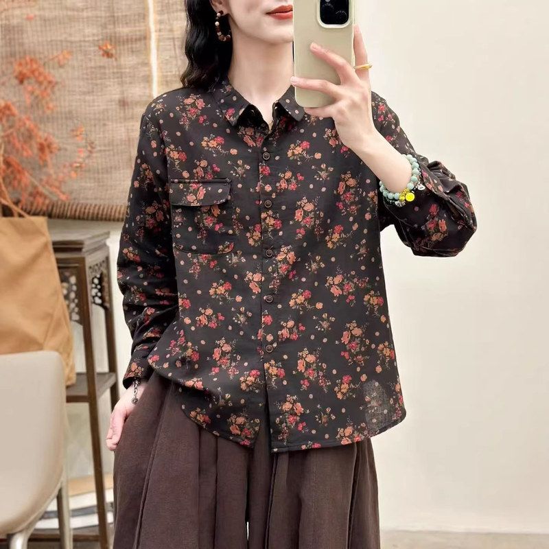 2026 Spring Korean Style Loose-Fitting Artistic Retro Style Digital Printed Lapel Shirt Versatile Casual Shirt for Women