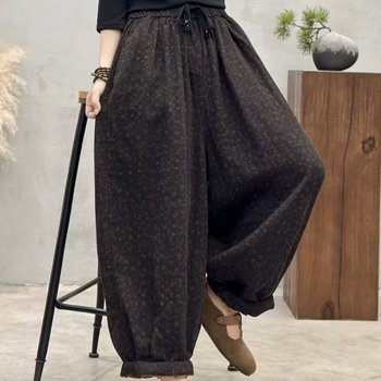 2025 Winter New Product, Artistic Retro Loose Large Size Cotton Gauze with Added Cotton, Thickened and Warm Printed Cotton Pants for Women