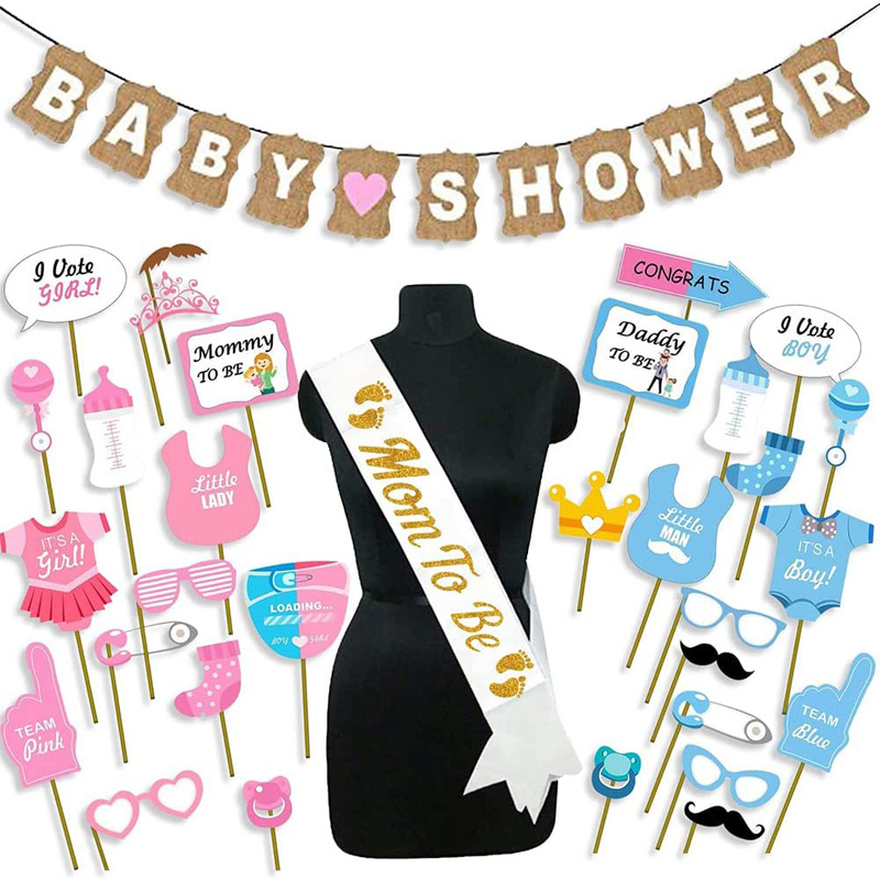 Baby Shower Gender Reveal Party Props for Boys and Girls, Photo Props, Posters, Picture Frames, and Banner Decorations