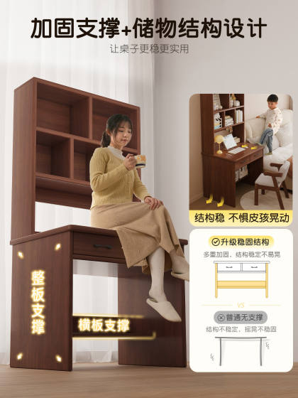 Solid Wood Desk with Bookshelf Integrated into the Table, Small Apartment Bedroom Computer Desk, Home Office Desk, Study Desk for Junior High School Students