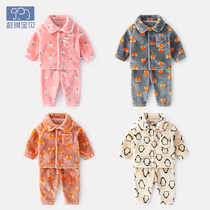 Male baby clothes flannel suit autumn and winter newborn baby winter pajamas coral velvet warm home clothing women
