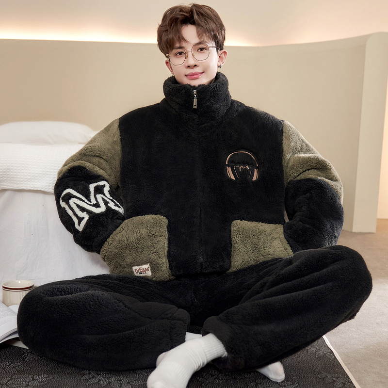 Coral Velvet Pajamas for Men, Autumn and Winter Style, Fleece-Lined and Thickened, Youth Plus Size, Flannel Loungewear Set for Winter