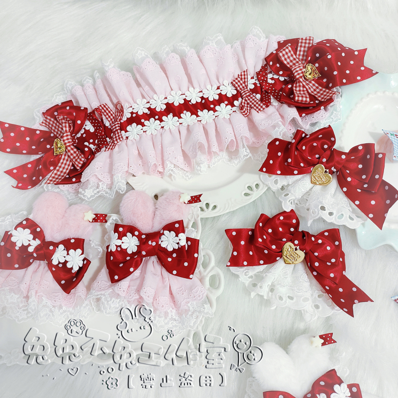 Strawberry Plaid Rabbit Picking Strawberries Plaid Polka Dot Lolita Handmade Small Items Rabbit Ear Headband Hand Sleeves Bow Hairpin