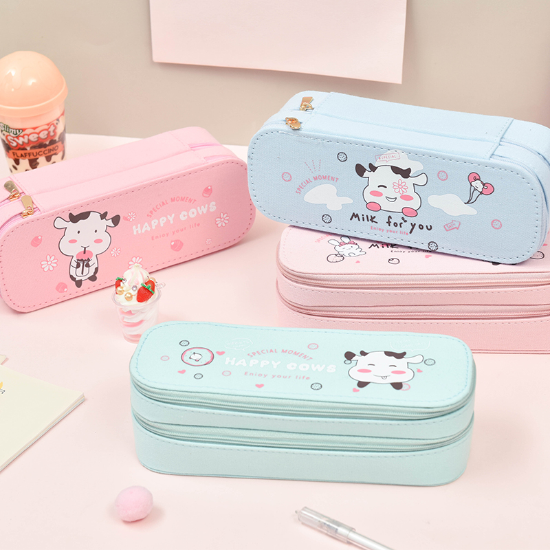 New Year of the Ox canvas double-layer large-capacity pencil case stationery box ins tide girl heart storage pencil bag girls boys simple small fresh cute creative primary school students with junior high school students