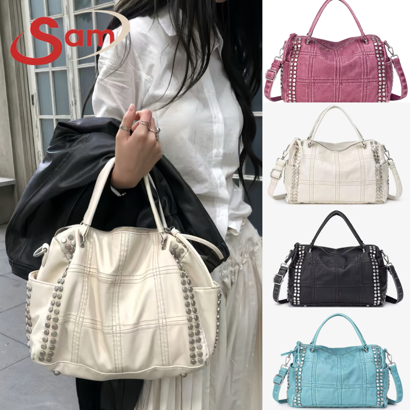 Washed Vintage Rivet Women's Large-Capacity Crossbody Bag Pu Leather Casual Commuter Bag Handbag Pillow Bag Washed Vintage Rivet Women's Large-Capacity Crossbody Bag Pu Leather Casual Commuter Bag Handbag Pillow Bag