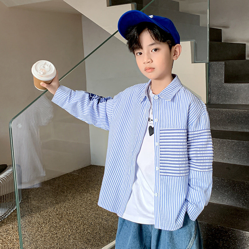 Boy Pure Cotton Shirt Spring Autumn Dress Striped Handsome Large Boy Shirt Trendy Children Spring Blouses Fried Street Tide Cards