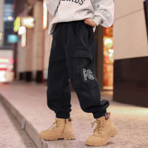 Boy light core suede pants autumn winter style 2023 new thickened strip down CUHK child labor pants loose and fat boy tide