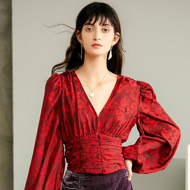 French shirt women's design sense niche chic retro palace style puff sleeve top red lantern sleeve shirt spring