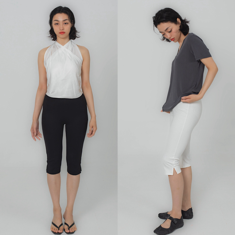 Minimalist Style Elastic Tight-Fitting Mid-Waist Slit Elastic Waist Black and White Capri Pants Produced by D.S Minimalist Style Elastic Tight-Fitting Mid-Waist Slit Elastic Waist Black and White Capri Pants Produced by D.S