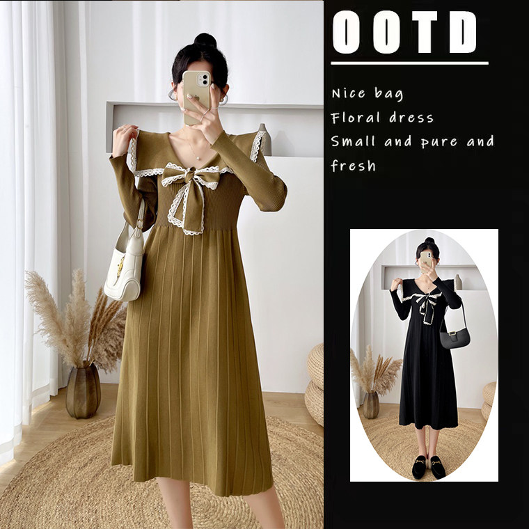 Maternity dress autumn long section age-reducing knitted bottoming autumn long skirt temperament celebrity retro skirt autumn and winter