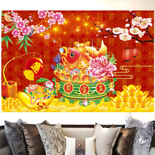 聚宝盆年画招财进宝财源广进家用客厅背景墙海报自粘贴纸装饰墙画