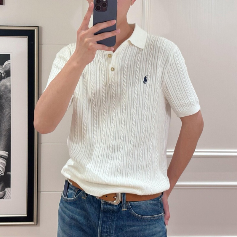 American-Style Paul Men's Twist-Knit Short-Sleeve Polo Shirt, Old Money Style Horse Logo Lapel T-Shirt, Pure Cotton Casual Top