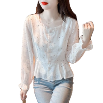 Wave Dot Snowspun Shirt Lady 2024 Fall New Body Slim Foreign Air Short SHORT-SHIRT-STYLE LONG SLEEVE BLOUSE