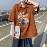 重磅麂皮绒polo衫男短袖夏季潮牌高街半袖美式复古卡通趣味体恤衫