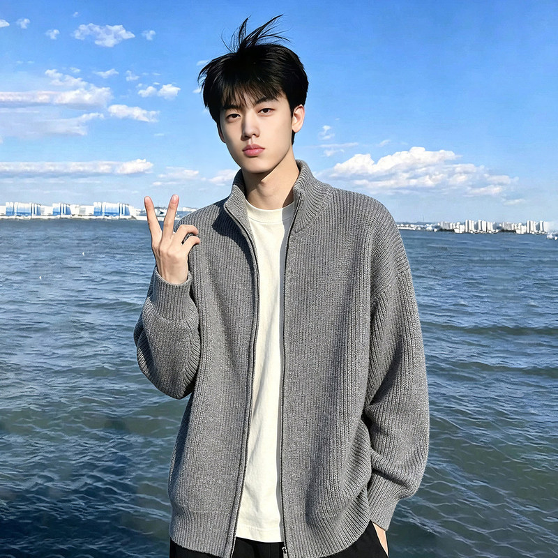American-Style Cleanfit Knitted Jacket for Men, Autumn High-End Lazy Style Double-Zip Sweater Cardigan with Stand-Up Collar