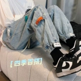 Ретро джинсы, тонкие штаны, повседневные брюки, в американском стиле, осенние, эластичная талия