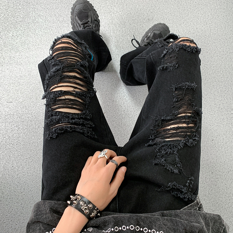 Pure Black Vibe Ripped Straight-Leg Jeans for Men, American Retro Hip-Hop Pants, Slim Fit Distressed Pants