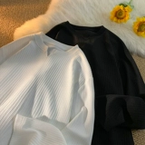 Белый весенний летний приятный телу лонгслив для отдыха, V-образный вырез, свободный крой