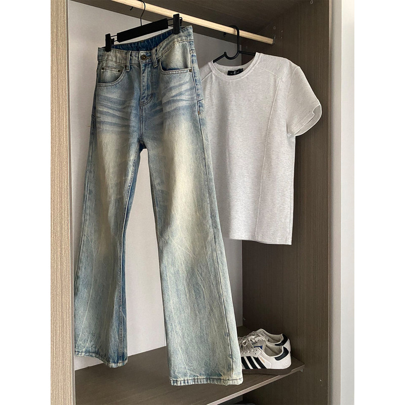 Autumn Thin Light Blue Scimitar-Cut Jeans for Men, Slim Straight-Leg Pants, Cleanfit Flared Pants Autumn Thin Light Blue Scimitar-Cut Jeans for Men, Slim Straight-Leg Pants, Cleanfit Flared Pants