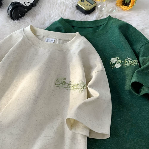 Быстросохнущая летняя шелковая футболка с коротким рукавом для отдыха, с вышивкой, короткий рукав, в американском стиле