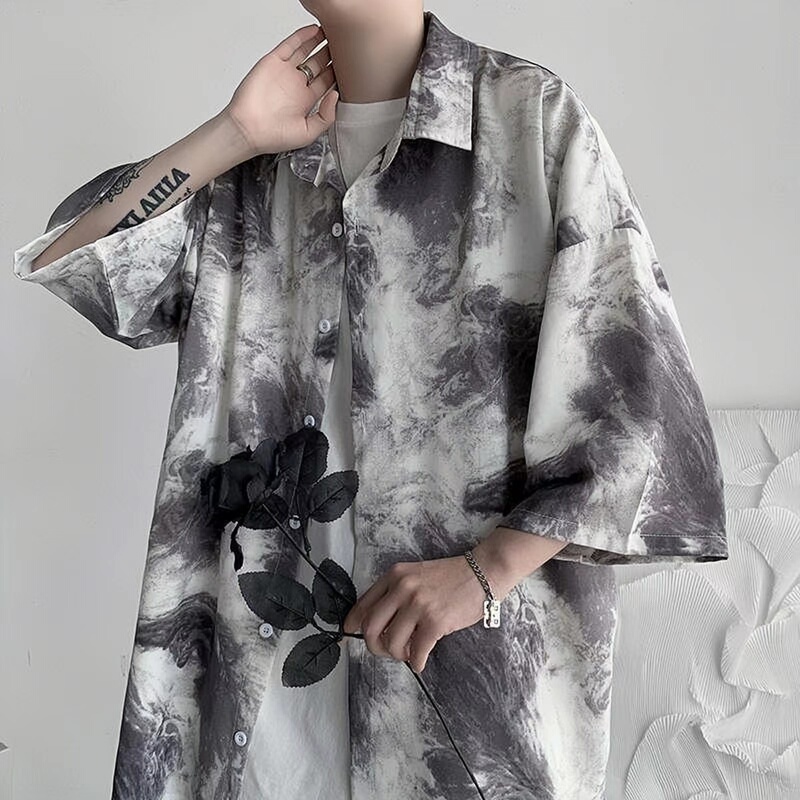 Baroque Style Men's Short-Sleeved Shirt, Summer Ice Silk Thin Style, ins Trendy Retro Shirt, Loose and Cool, 7/8 Sleeve Jacket Baroque Style Men's Short-Sleeved Shirt, Summer Ice Silk Thin Style, ins Trendy Retro Shirt, Loose and Cool, 7/8 Sleeve Jacket