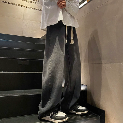 Осенние прямые свободные джинсы, штаны для отдыха, эластичная талия, оверсайз