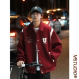 Бордовая короткая шерстяная демисезонная куртка, бейсбольная форма для отдыха, в американском стиле, свободный крой