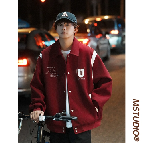 Бордовая короткая шерстяная демисезонная куртка, бейсбольная форма для отдыха, в американском стиле, свободный крой