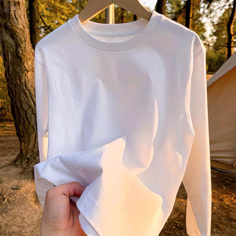 210g Heavy Cotton Long-Sleeve T-Shirt, Loose Fit, Unisex, Round Neck, Simple White Base Shirt, Regular Shoulder Top