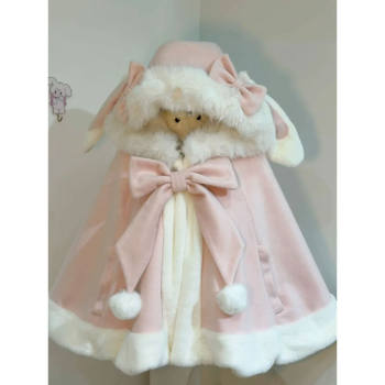 Velvet rabbit cloak japanese sweet soft girl cute rabbit ear cloak winter new bow woolen coat